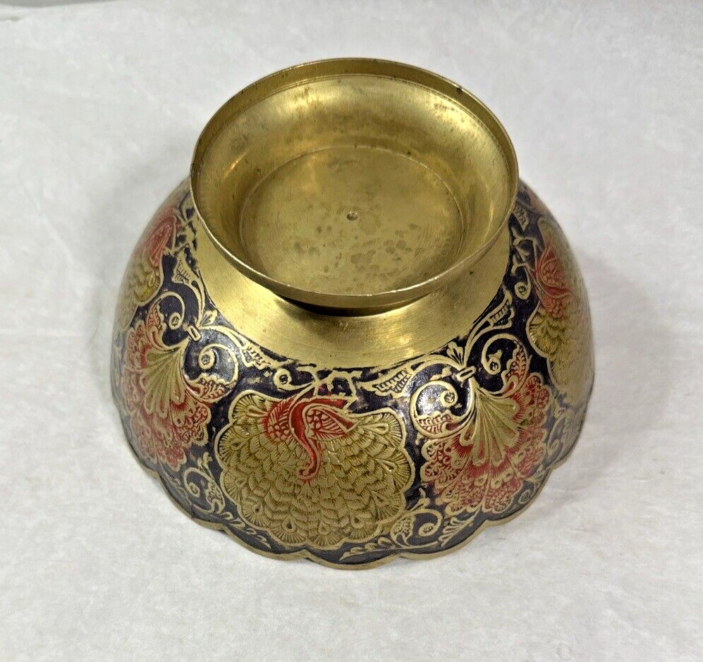 Painted Brass Bowl - Morocco - Peacock Motif - 6.25" Wide, 3" Deep - 1950s - Image 7
