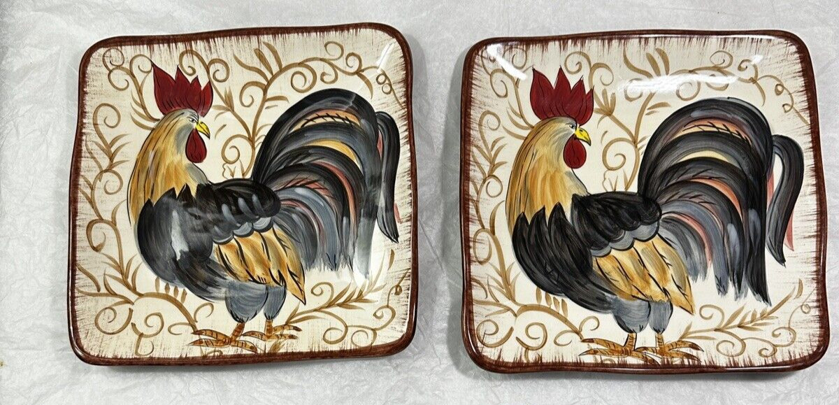 Dario Farrucci Hand Painted Rooster Dinner Plates - 8" - Pottery Farmhouse Décor