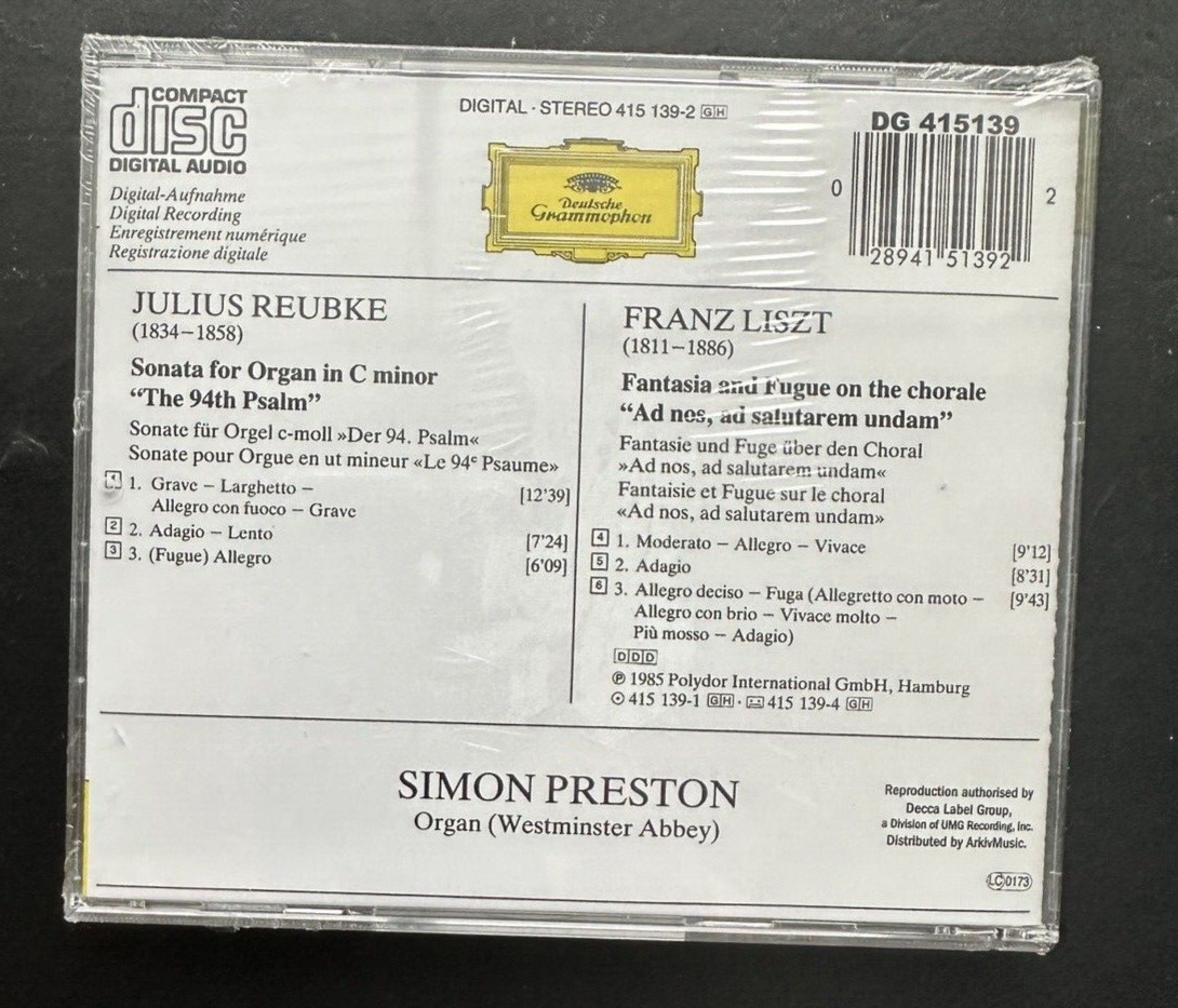 SEALED: Reubke: Organ Sonata / Liszt: Fantasia and Fugue - Simon Preston - DG - Image 1