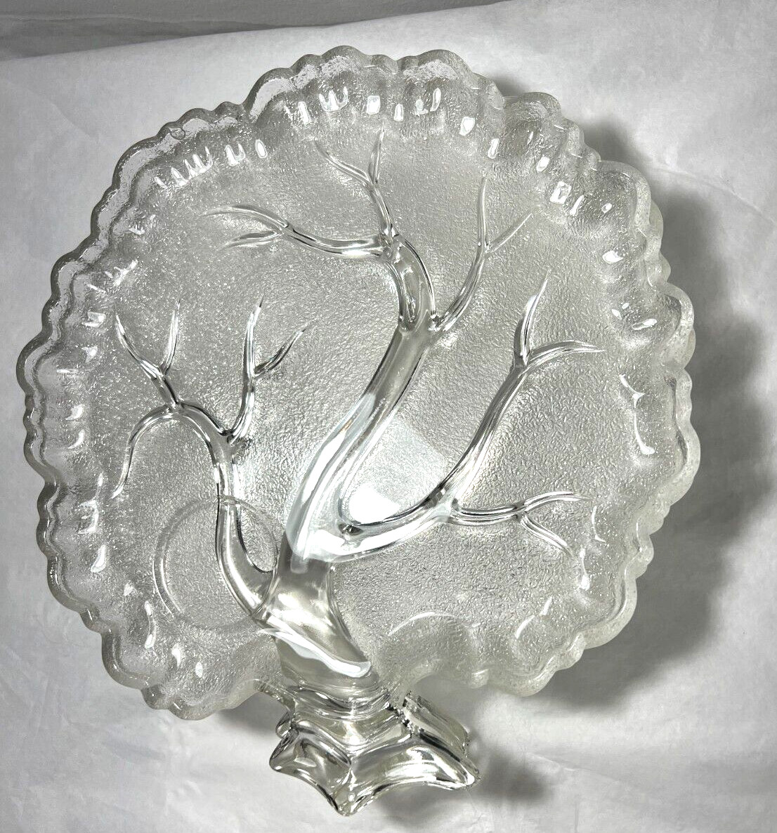 4 Vintage Hazel Atlas Orchard Tree of Life Frosted Glass Snack Trays (No cups) - Image 1