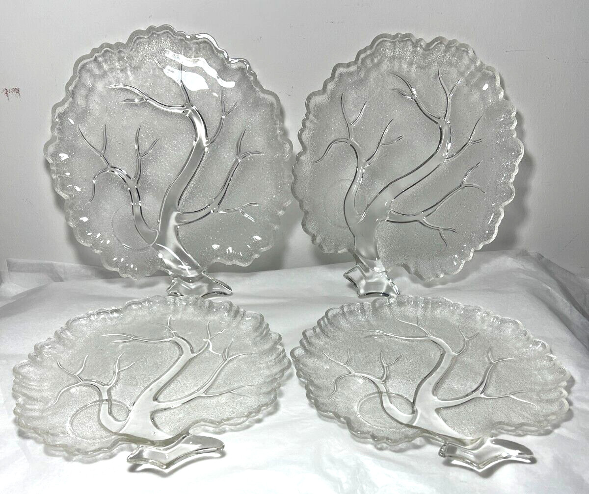 4 Vintage Hazel Atlas Orchard Tree of Life Frosted Glass Snack Trays (No cups)