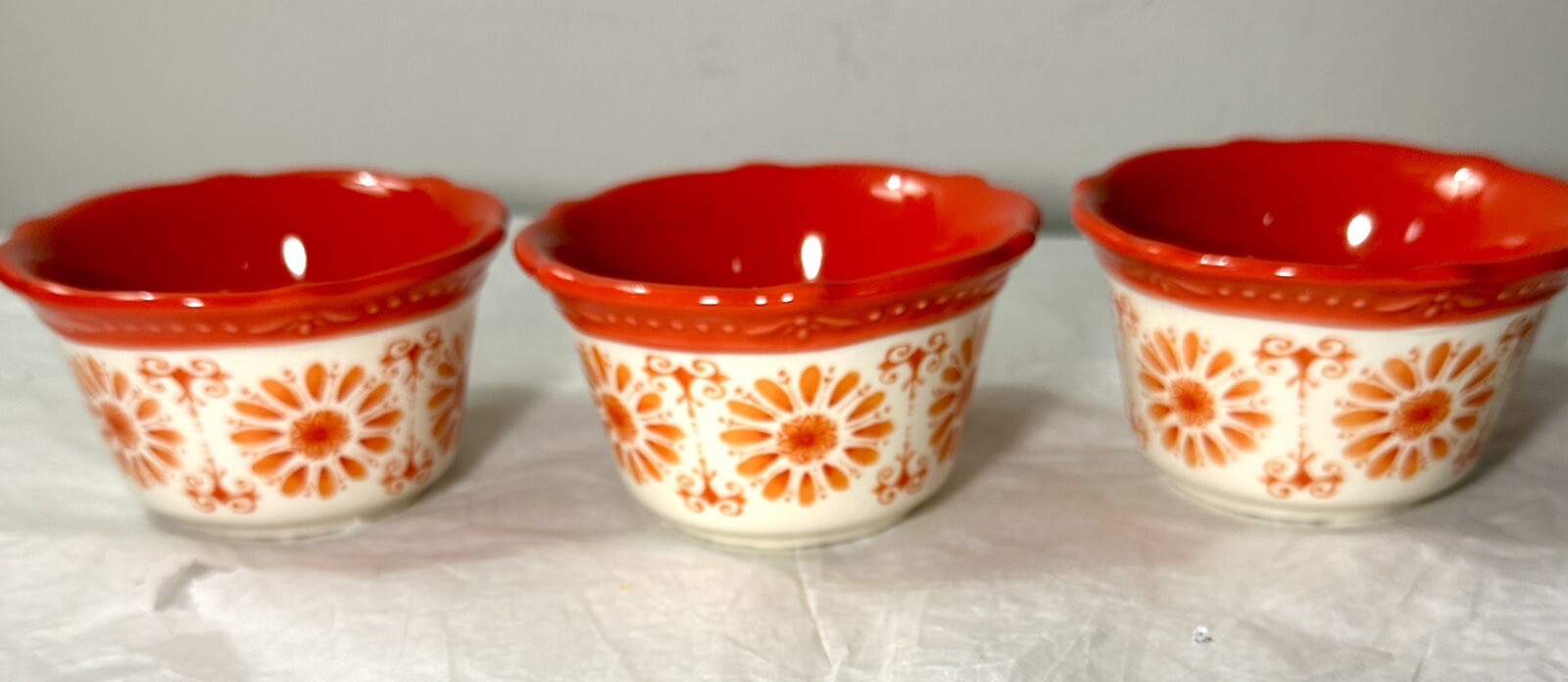 Three (3) Pioneer Woman Stoneware Ramekins Dipping Bowls - Floral Bursts (Red) - Image 2