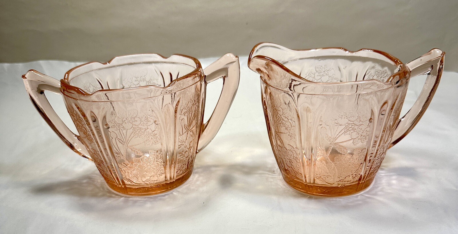 Jeanette Cherry Blossom Pink Depression Glass Creamer and Sugar Bowl
