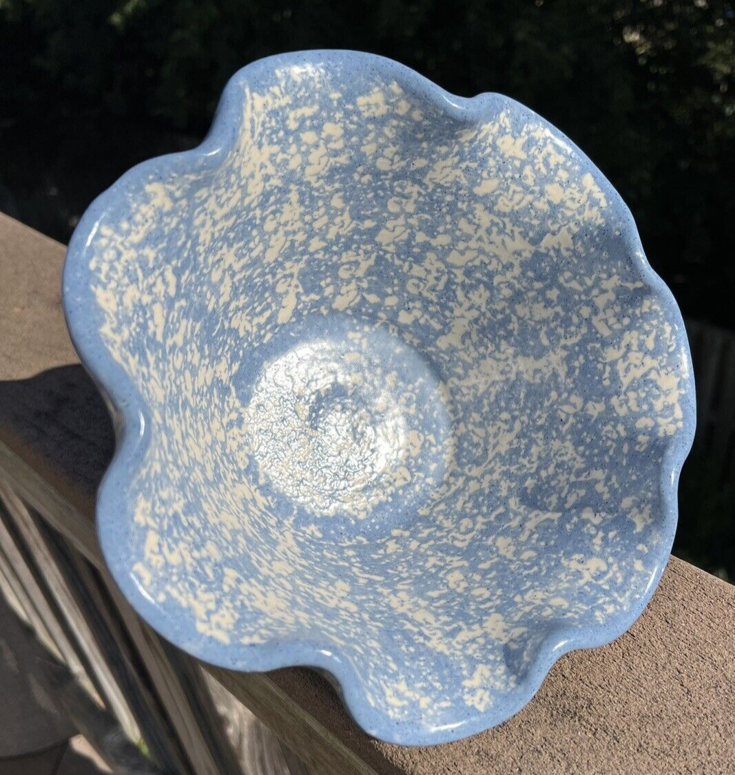 East Texas Pottery Marshall Texas Bowl Blue Spongeware and Hearts-- Immaculate - Image 1