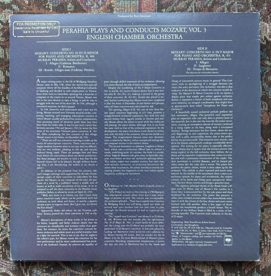 Perahia Plays And Conducts Mozart Vol. 3 LP PROMO Columbia Masterworks M 35134 - Image 5
