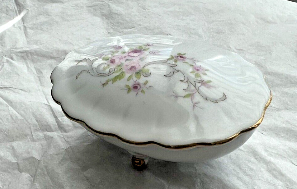 Vintage German Porcelain Oval Footed Trinket Box with Lid - circa 1935