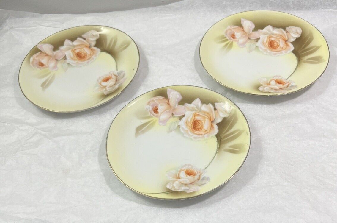 R&S Tillowitz Silesia - Three Porcelain Plates 6.25" - Pink / Yellow Roses - Image 1