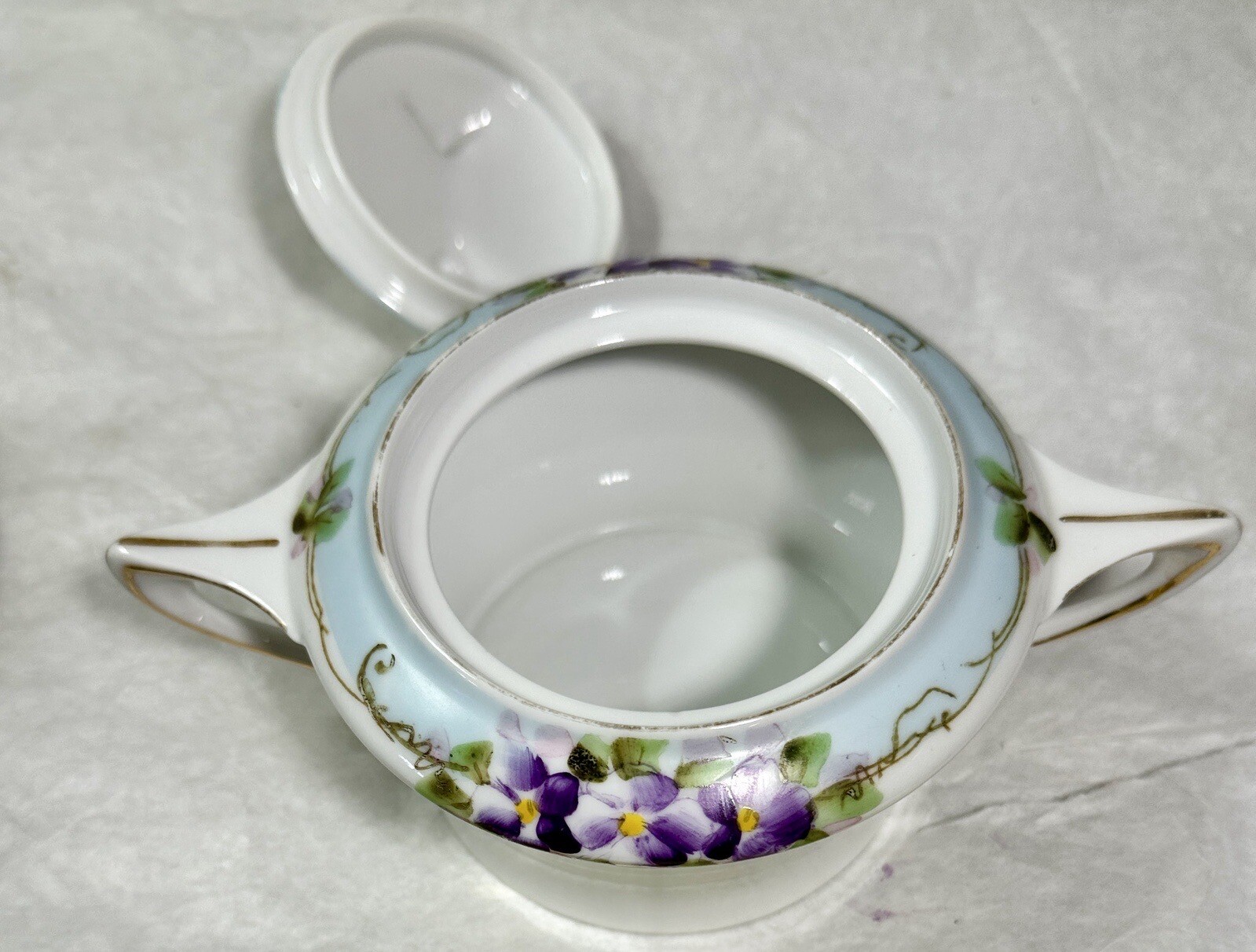Nippon Hand Painted Porcelain Sugar Bowl with Lid - Purple Floral Japan - Image 3