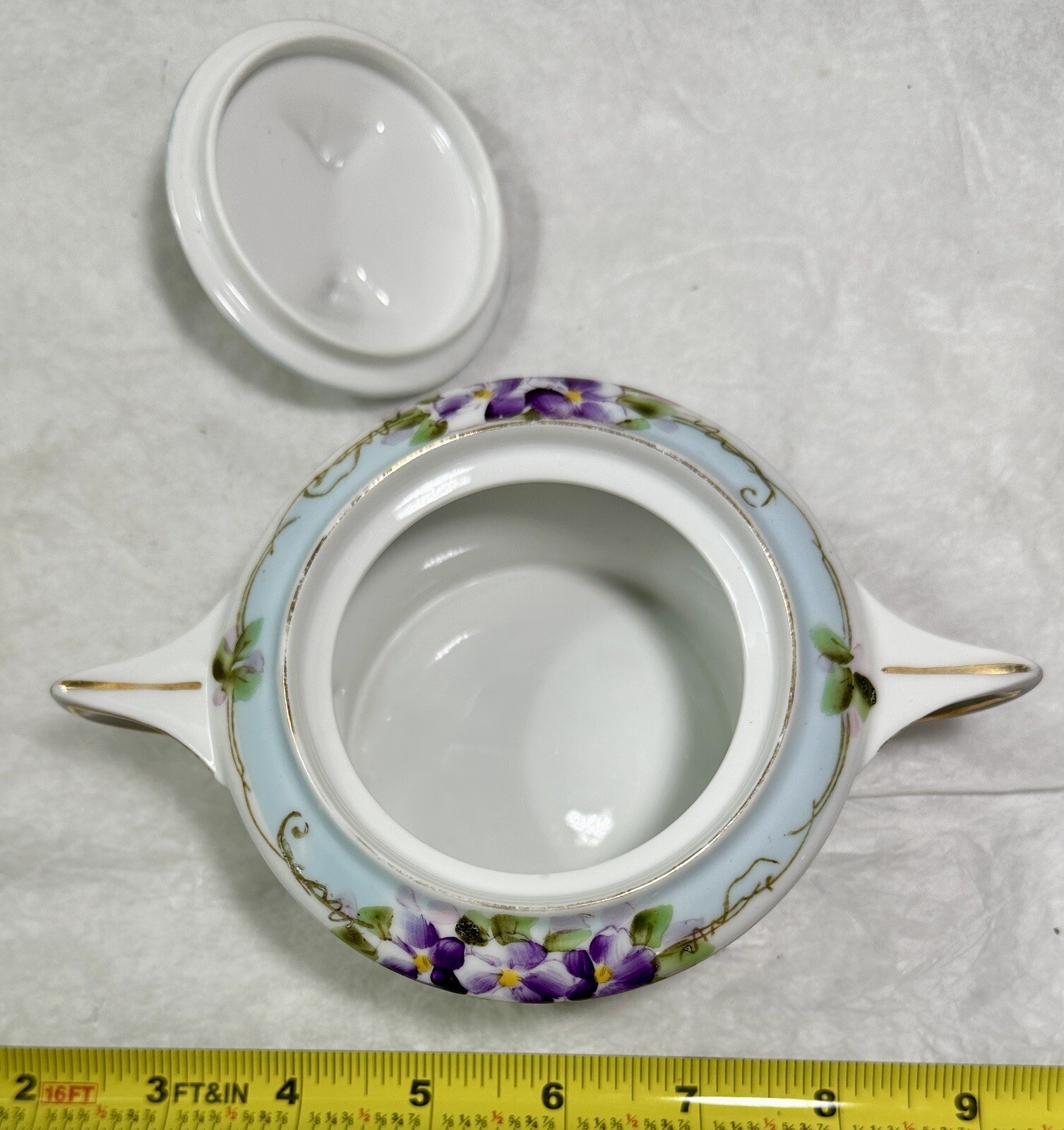 Nippon Hand Painted Porcelain Sugar Bowl with Lid - Purple Floral Japan - Image 6