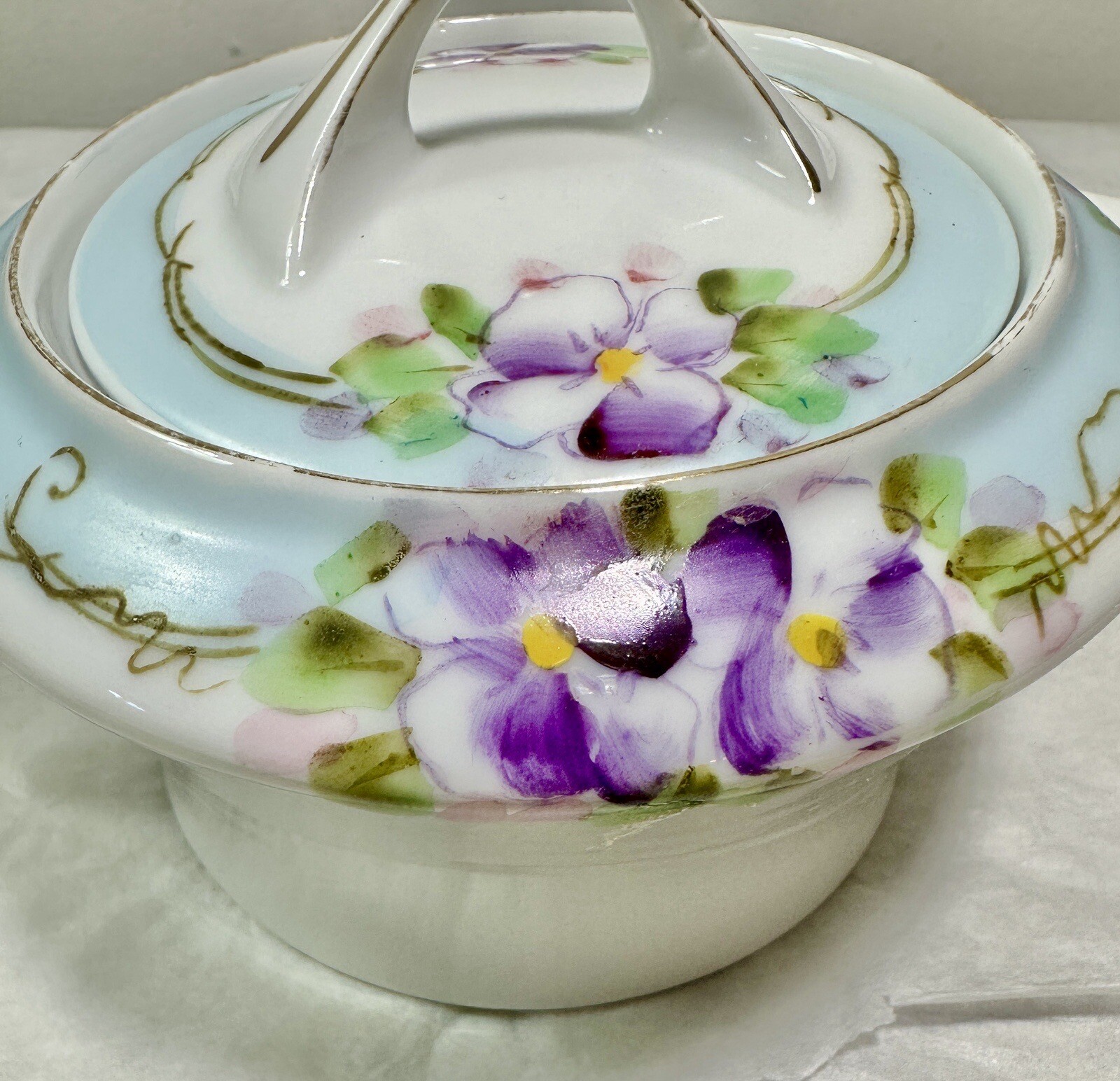 Nippon Hand Painted Porcelain Sugar Bowl with Lid - Purple Floral Japan - Image 7