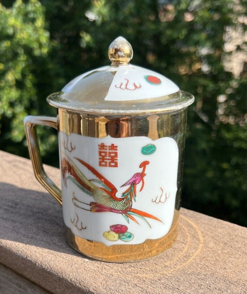Vintage Gold Dragon & Phoenix Porcelain Coffee / Tea Mug with Lid - Image 11