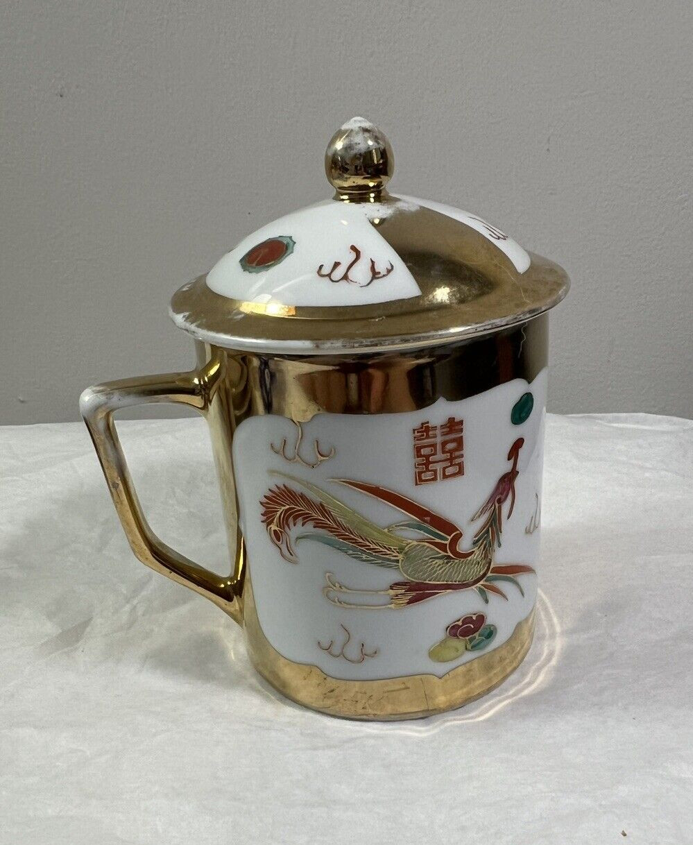 Vintage Gold Dragon & Phoenix Porcelain Coffee / Tea Mug with Lid - Image 3