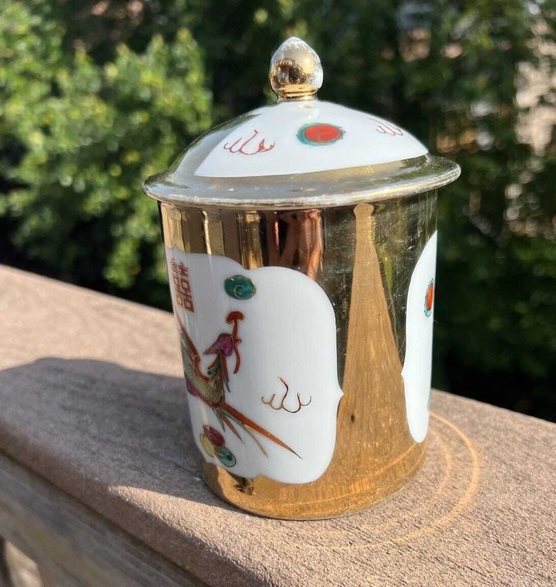 Vintage Gold Dragon & Phoenix Porcelain Coffee / Tea Mug with Lid - Image 8