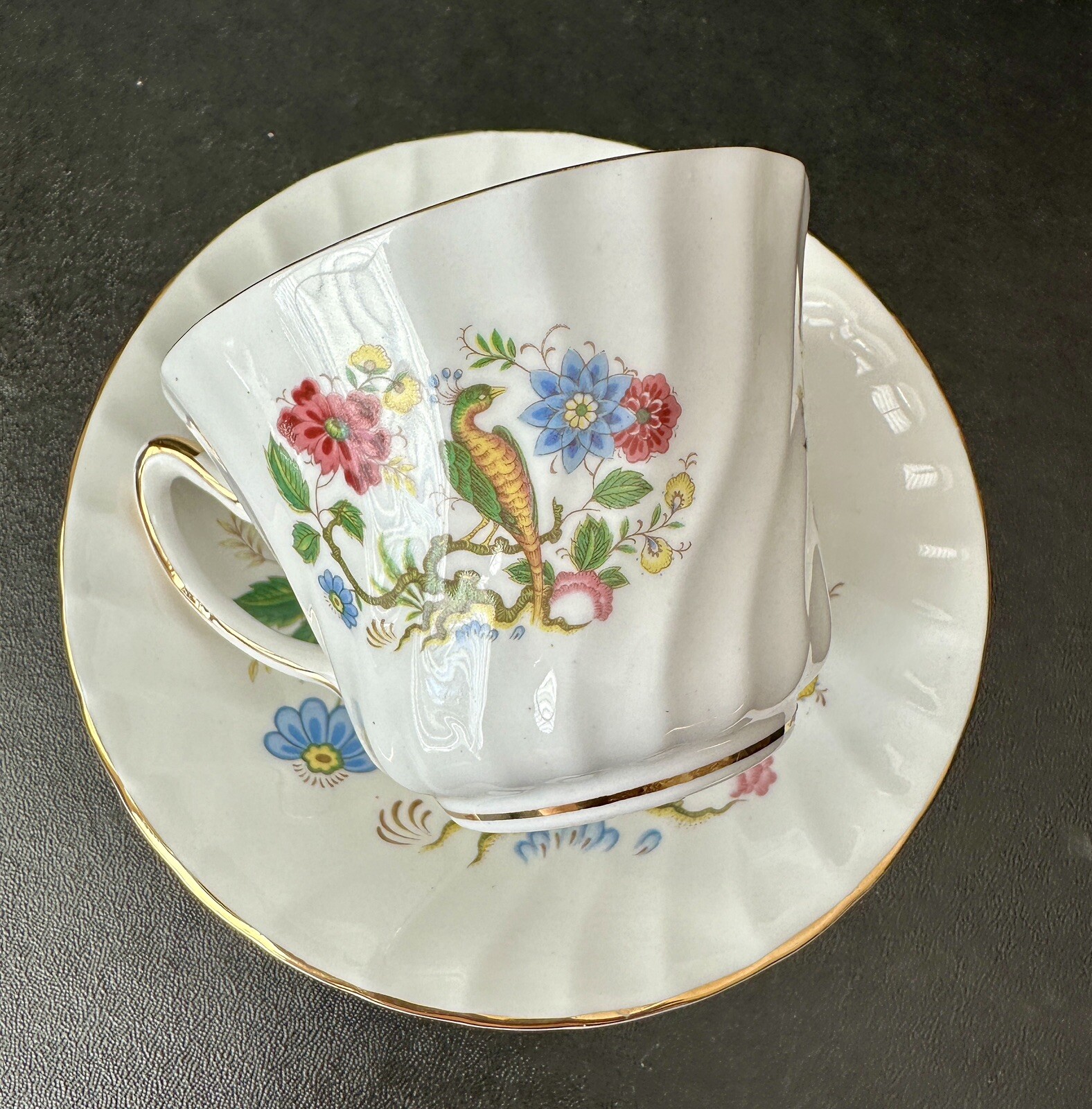 Royal Sutherland Staffordshire UK Teacup & Saucer - Bird and Floral Gold Trim - Image 1