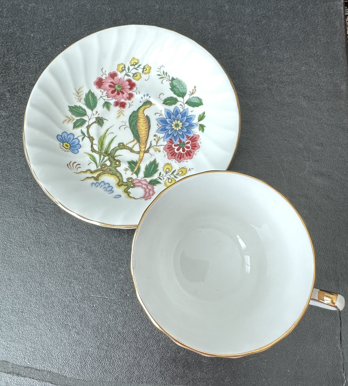 Royal Sutherland Staffordshire UK Teacup & Saucer - Bird and Floral Gold Trim - Image 3