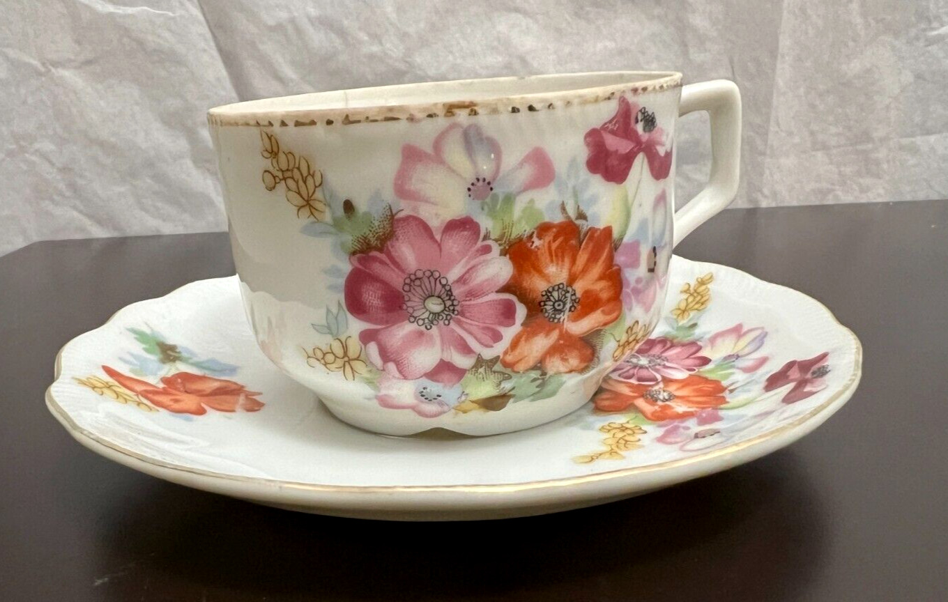 Occupied Japan Tea Cup / Saucer Hand Painted Flowers Pink Orange Violet - Image 1