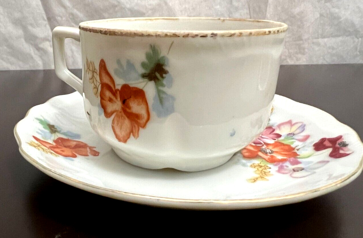Occupied Japan Tea Cup / Saucer Hand Painted Flowers Pink Orange Violet - Image 2