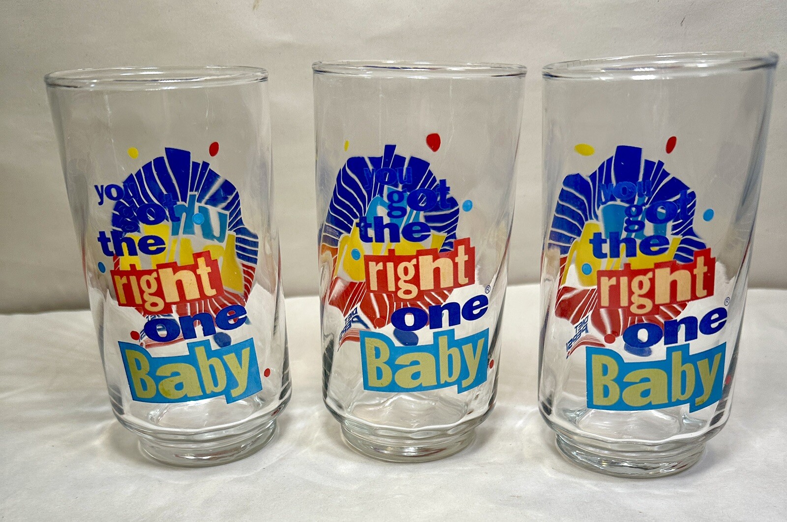 Set of 3 Diet Pepsi Glasses Uh Huh You Got The Right One Baby VTG Ray Charles