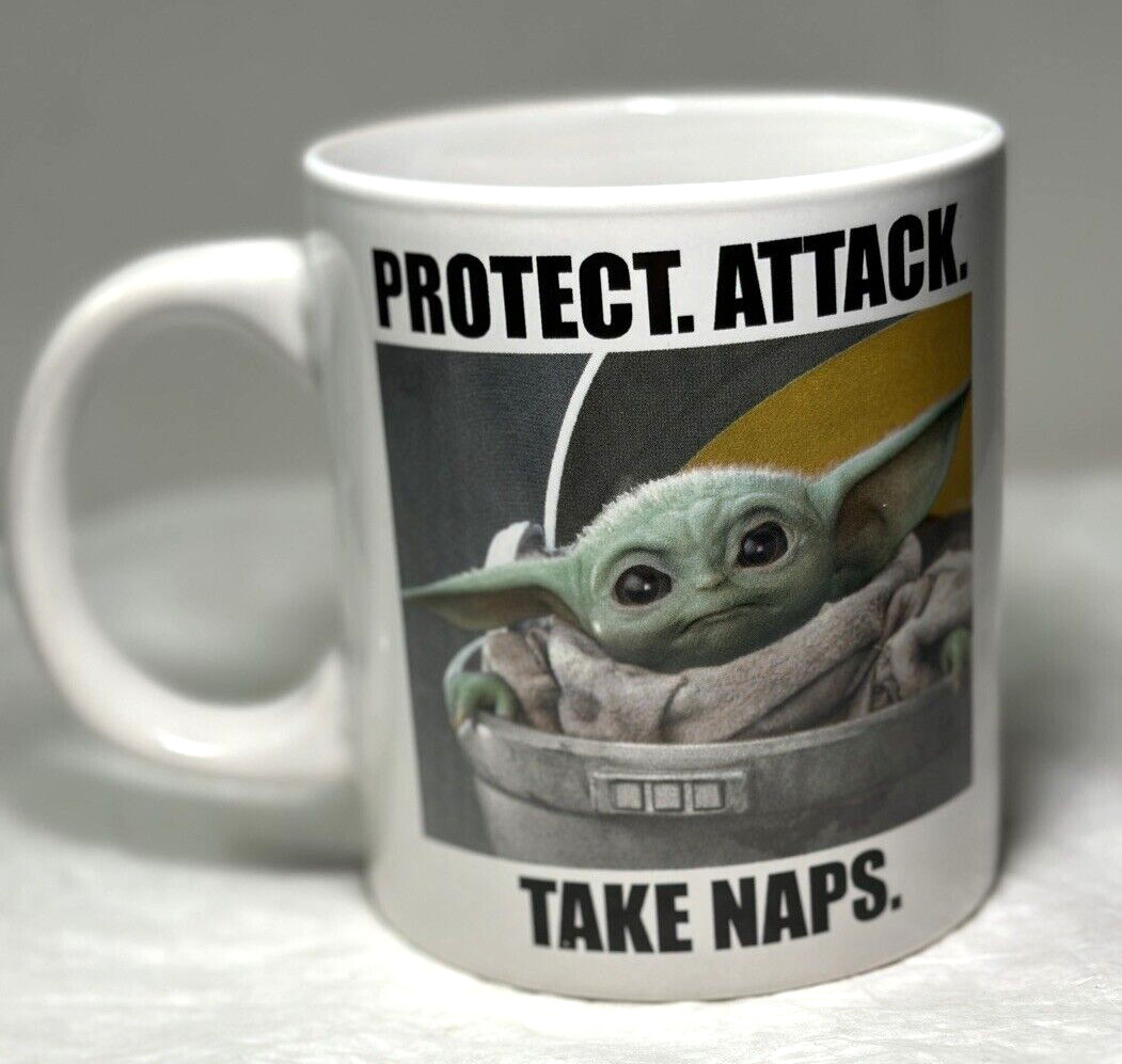 STAR WARS Coffee Mug Cup Baby Yoda Grogu Protect Attack Take Naps Mandalorian - Image 1