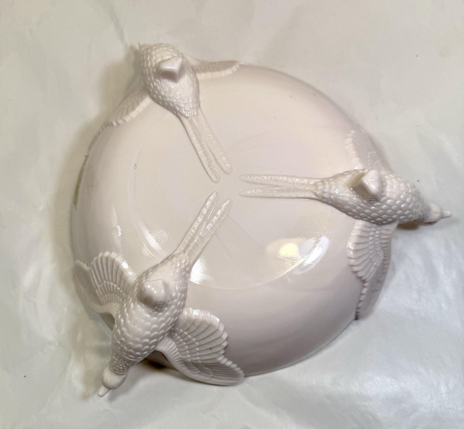 Vintage Jeannette Co Shell Pink Milk Glass Footed 3 Pheasant Bowl - Small Chip - Image 2