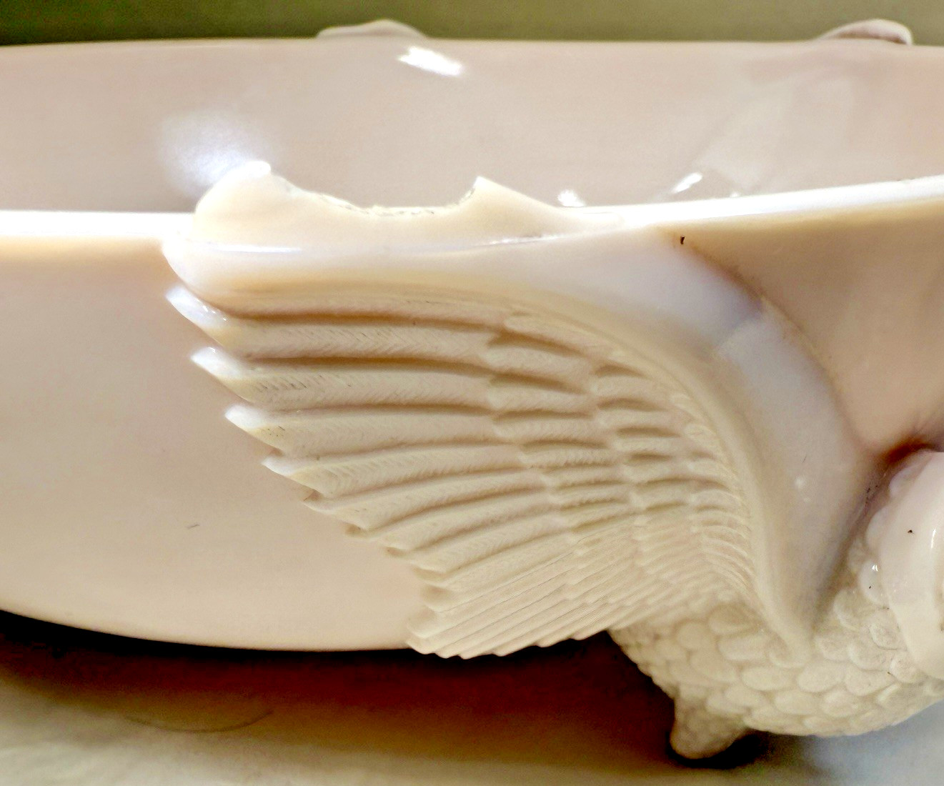 Vintage Jeannette Co Shell Pink Milk Glass Footed 3 Pheasant Bowl - Small Chip - Image 3