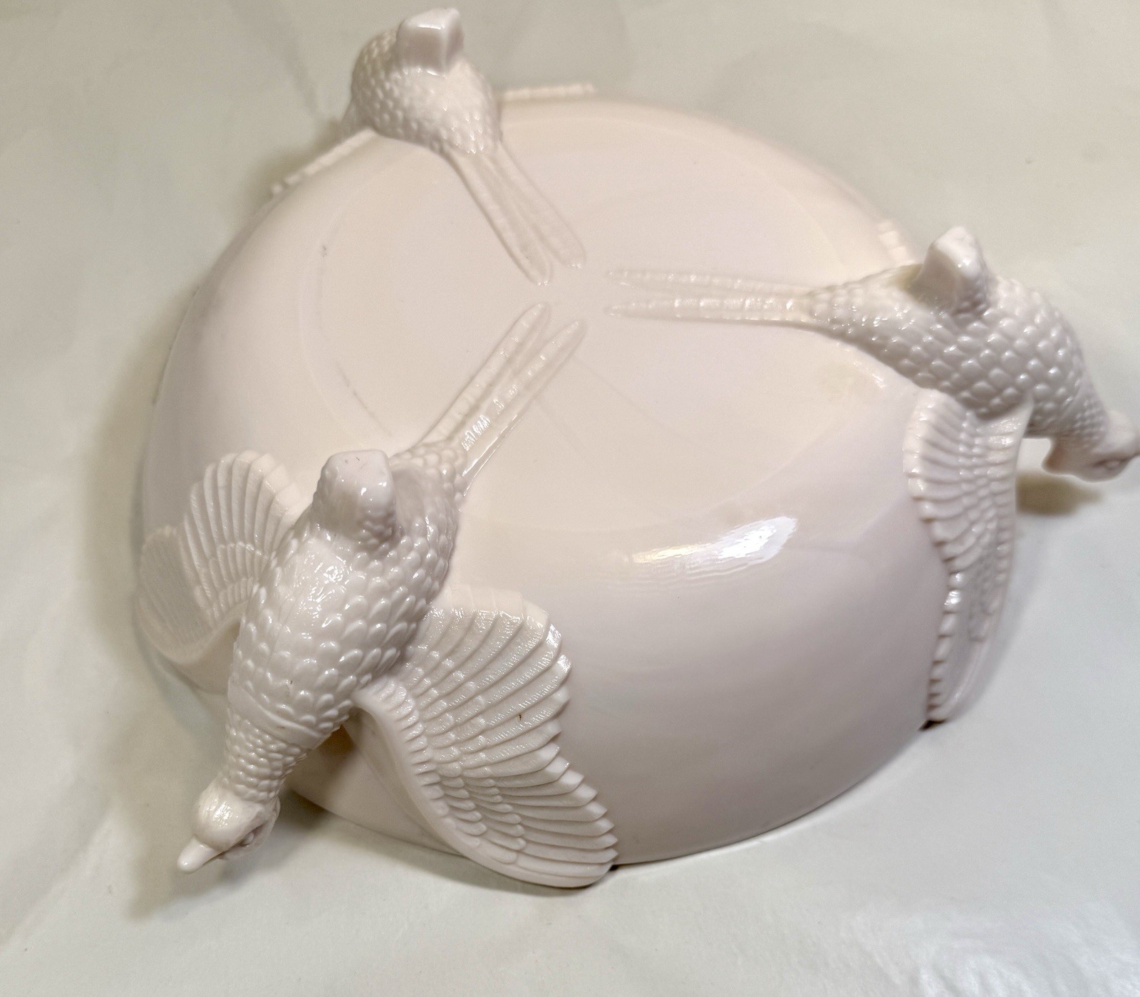 Vintage Jeannette Co Shell Pink Milk Glass Footed 3 Pheasant Bowl - Small Chip - Image 4