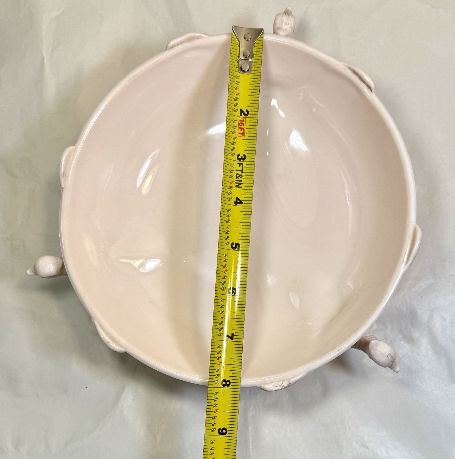 Vintage Jeannette Co Shell Pink Milk Glass Footed 3 Pheasant Bowl - Small Chip - Image 6