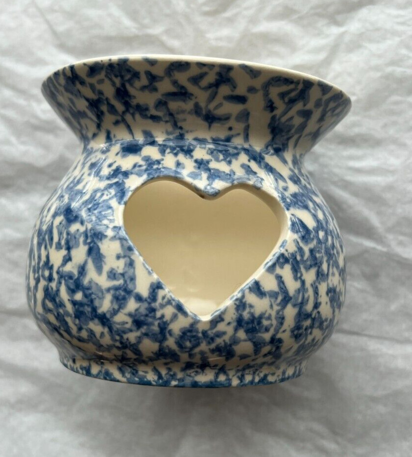 Workshops of Gerald E Henn Blue Spongeware Heart Pottery Tealight Votive - Image 1