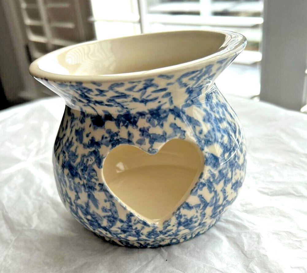 Workshops of Gerald E Henn Blue Spongeware Heart Pottery Tealight Votive