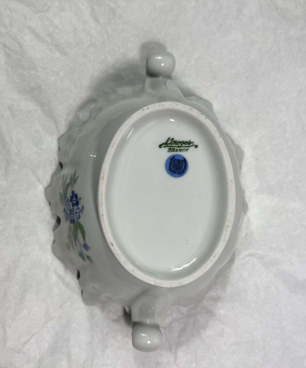 Limoges France Porcelain Handled Candy Trinket Dish Bowl Floral Butterflies - Image 1