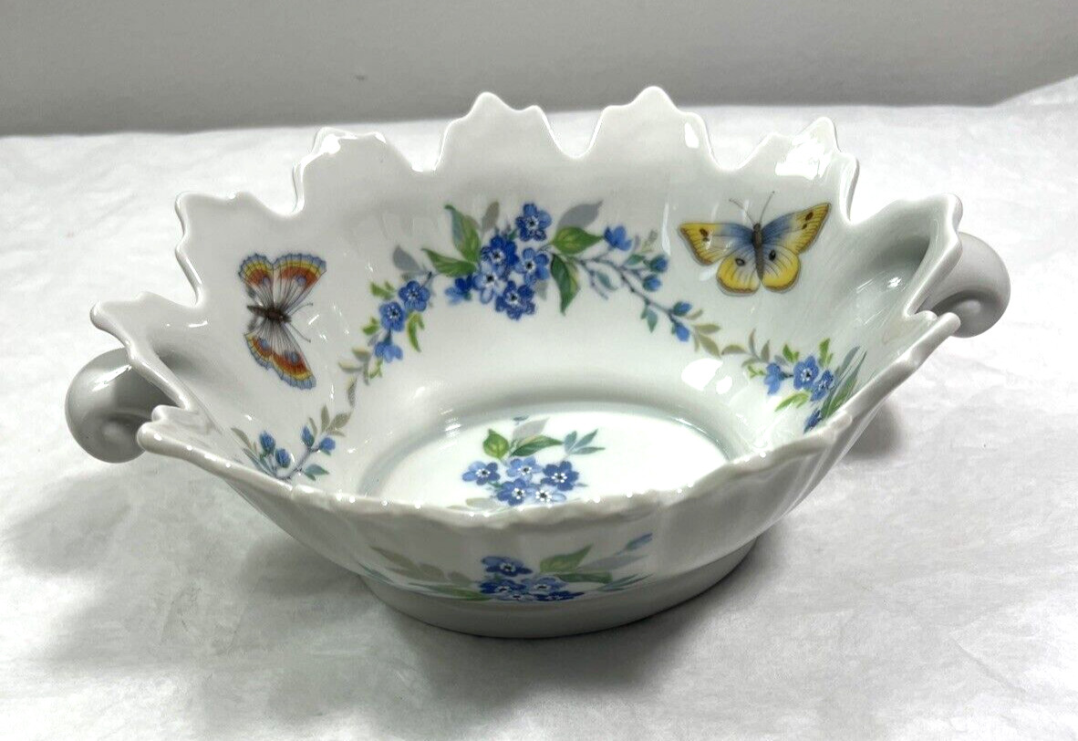Limoges France Porcelain Handled Candy Trinket Dish Bowl Floral Butterflies