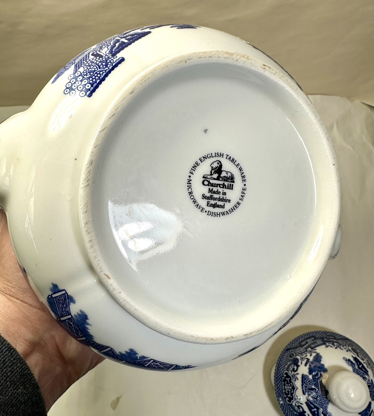 Vintage Churchill Blue Willow Teapot Made In England Staffordshire White China - Image 1