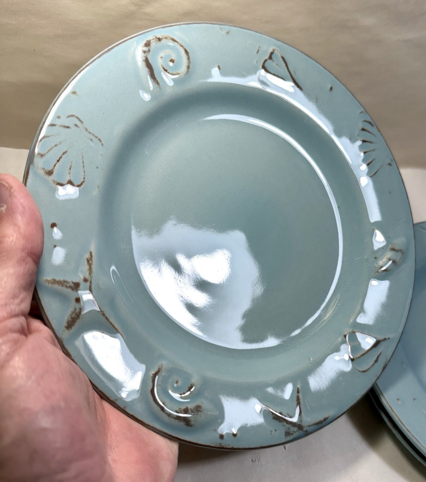 Set of 3 Thomson Pottery Cape Cod Blue Salad / Dessert Plates Embossed Shells - Image 1