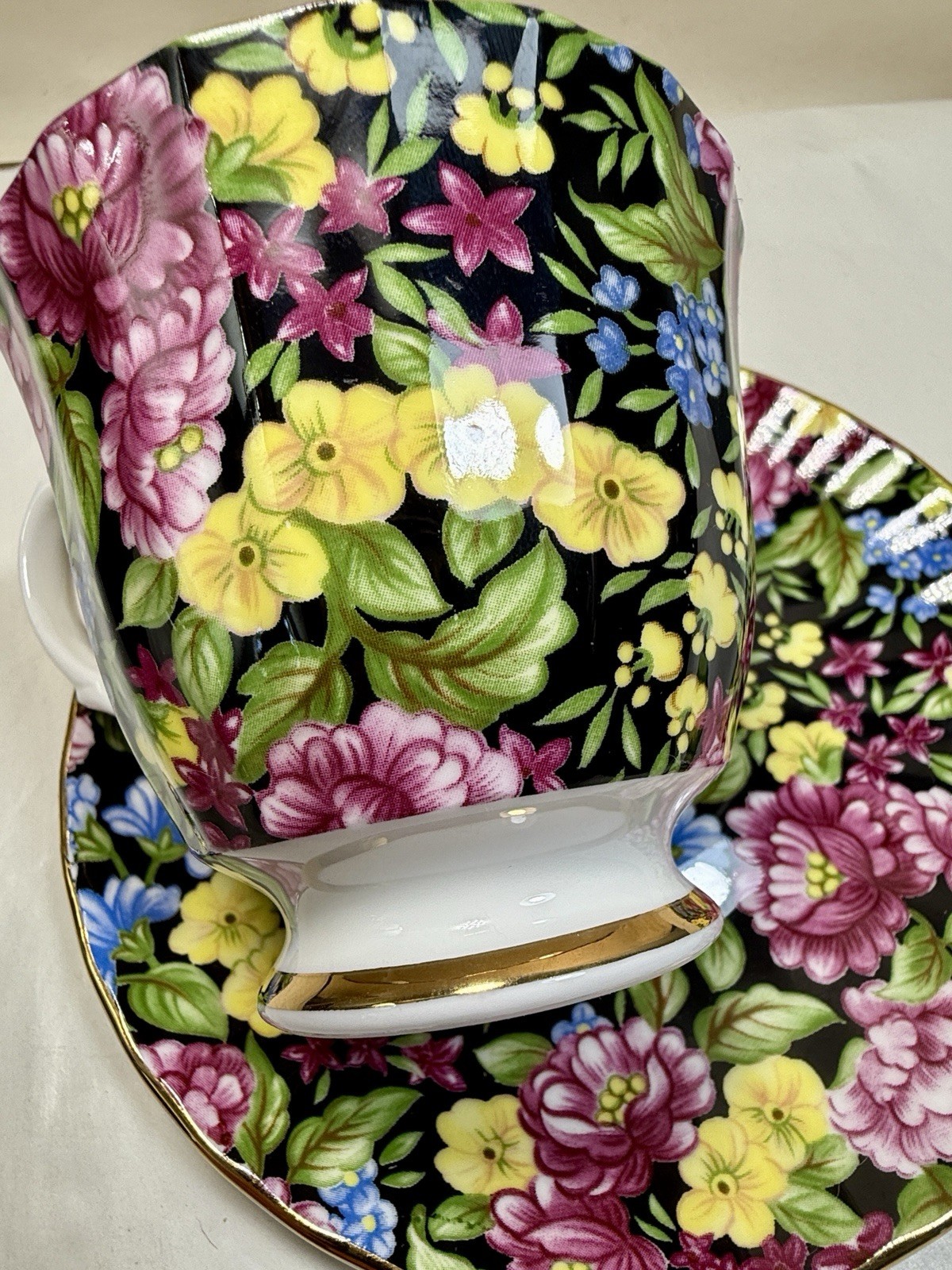 Bethany Cup & Saucer Staffordshire England Black Pink Blue Floral Chintz Teacup - Image 1