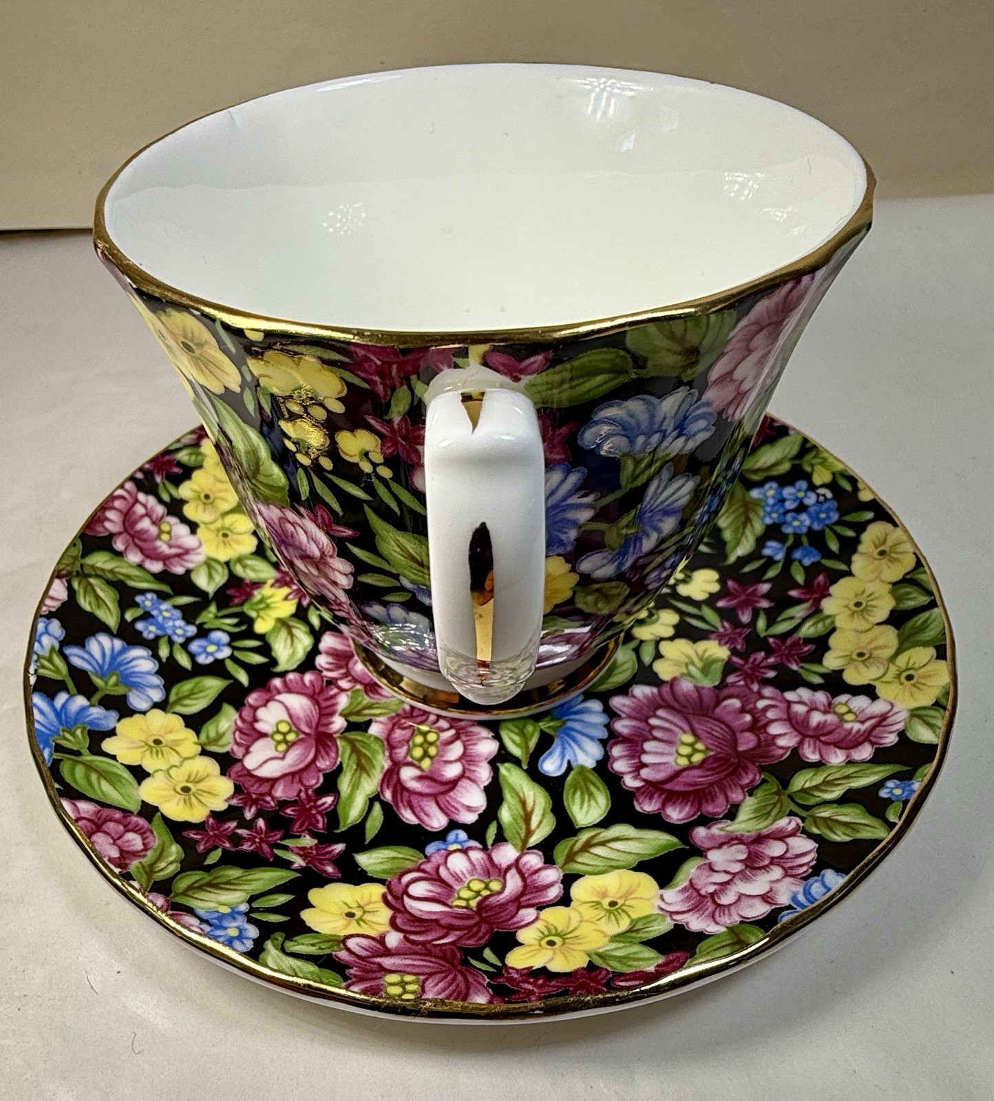 Bethany Cup & Saucer Staffordshire England Black Pink Blue Floral Chintz Teacup - Image 2