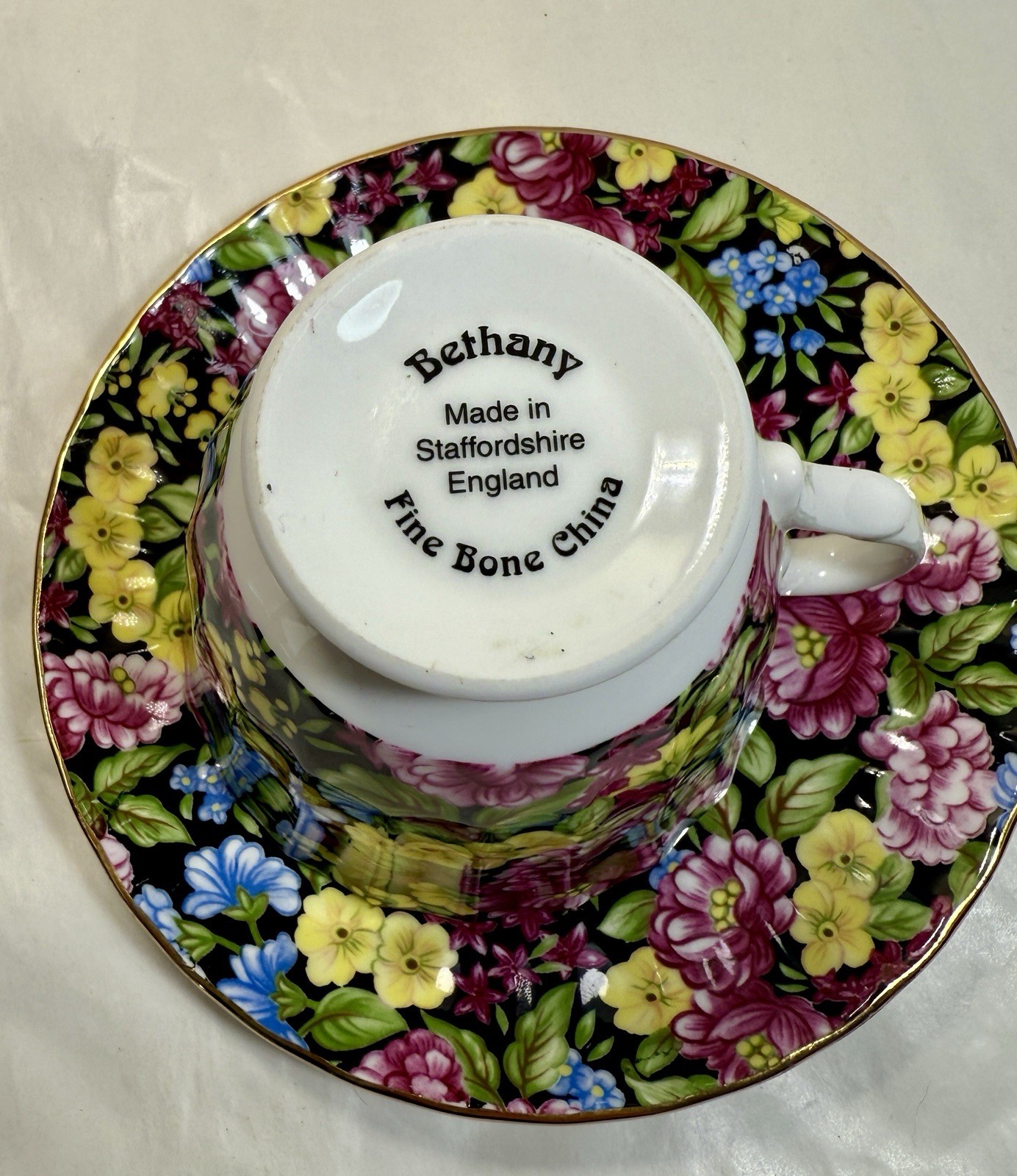 Bethany Cup & Saucer Staffordshire England Black Pink Blue Floral Chintz Teacup - Image 4
