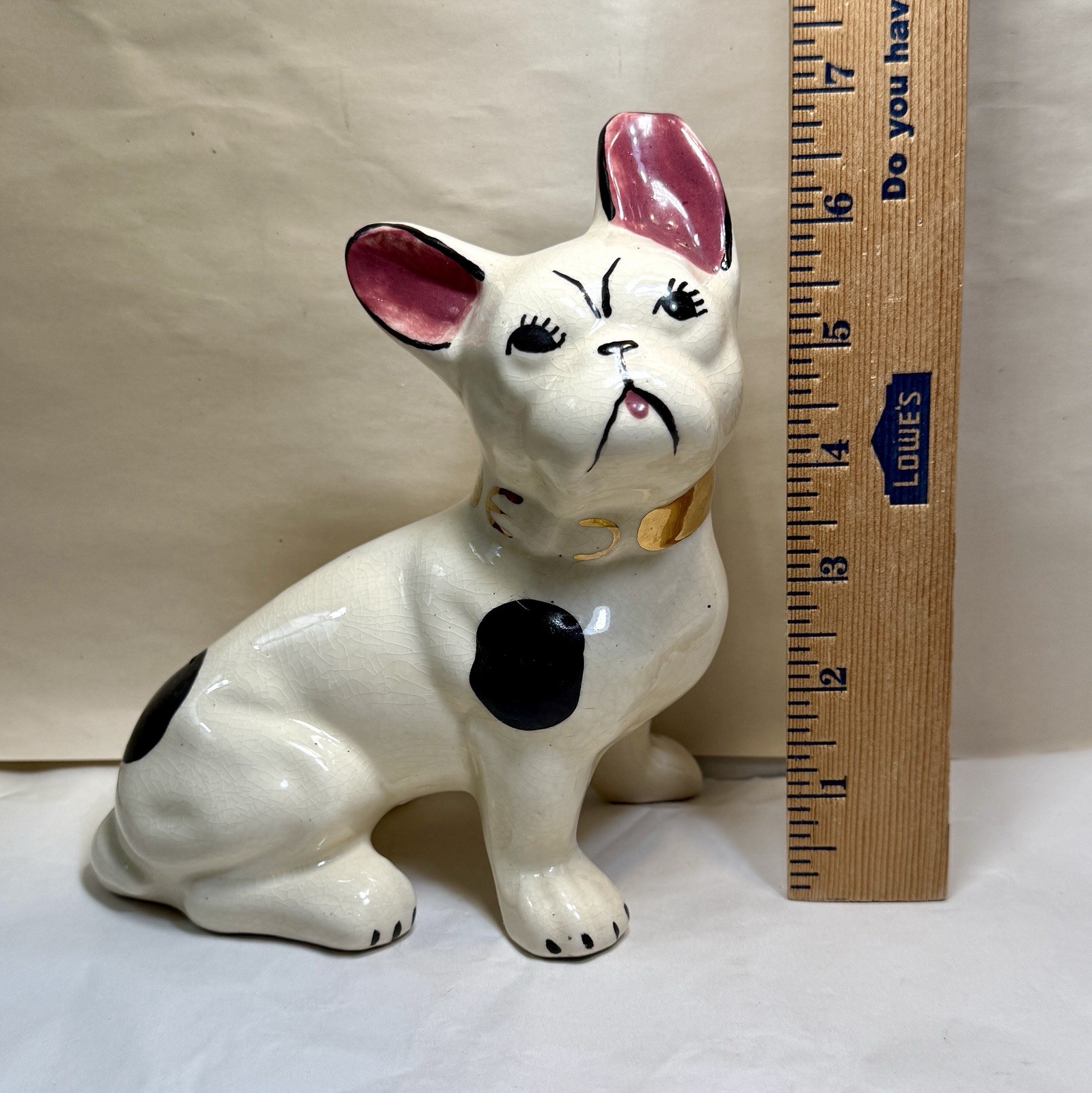 1930's Hand-Painted French Bulldog Figurine With Gold Gilded Collar - Image 2