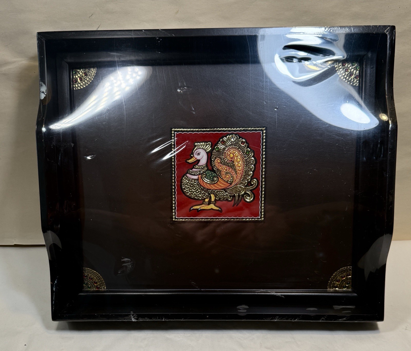 Tanjore Gold Foil Peacock Framed Tray Ethnic India Art - FACTORY SEALED