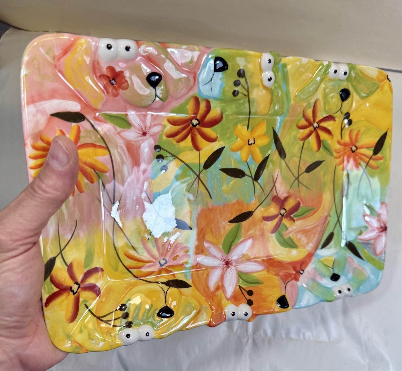 Flower Dog Artist Serving Platter / Wall Hanging 8 x 12" - New Old Stock - Image 1