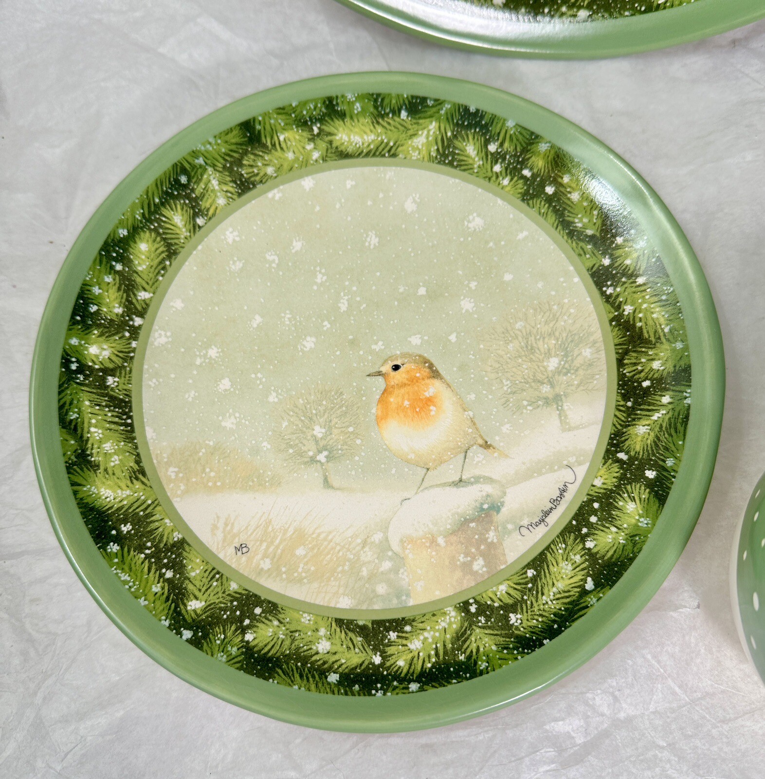 Two Marjolein Bastin Nature's Sketchbook Winter Snowbird Plates  - New W/Tags