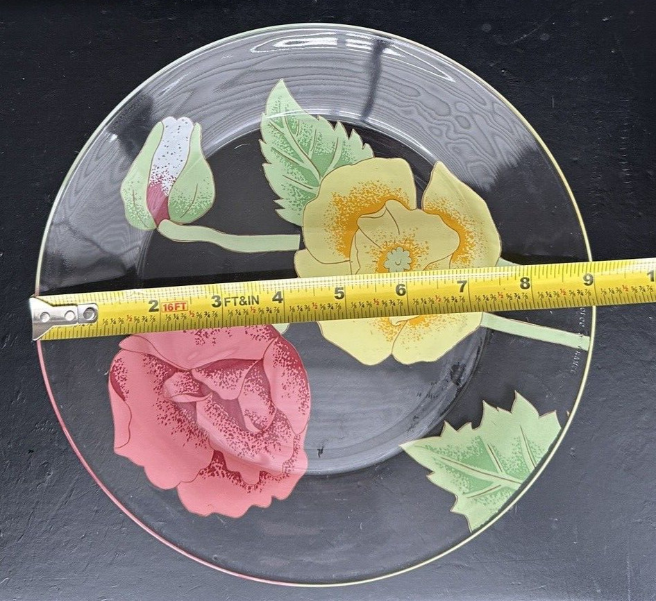 Six (6) Vintage Arcoroc France Painted Floral Glass Plates 9 inches - Immaculate - Image 1