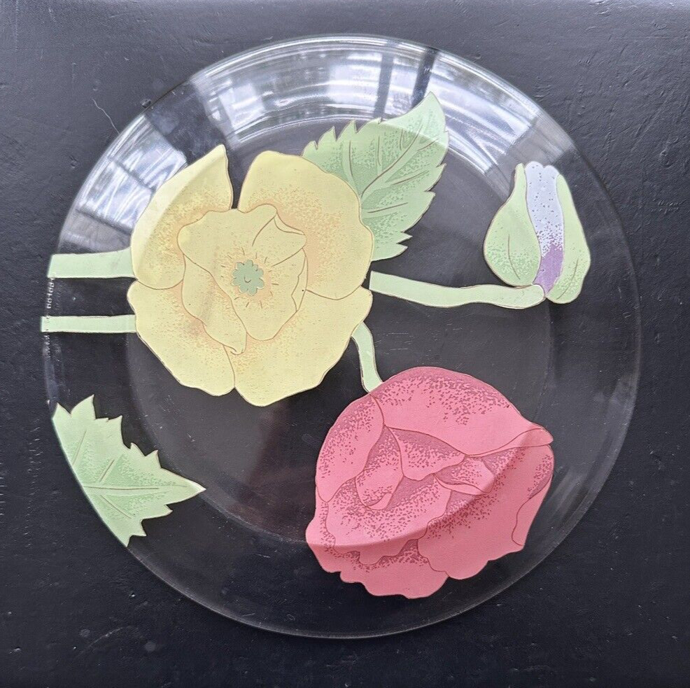 Six (6) Vintage Arcoroc France Painted Floral Glass Plates 9 inches - Immaculate - Image 3