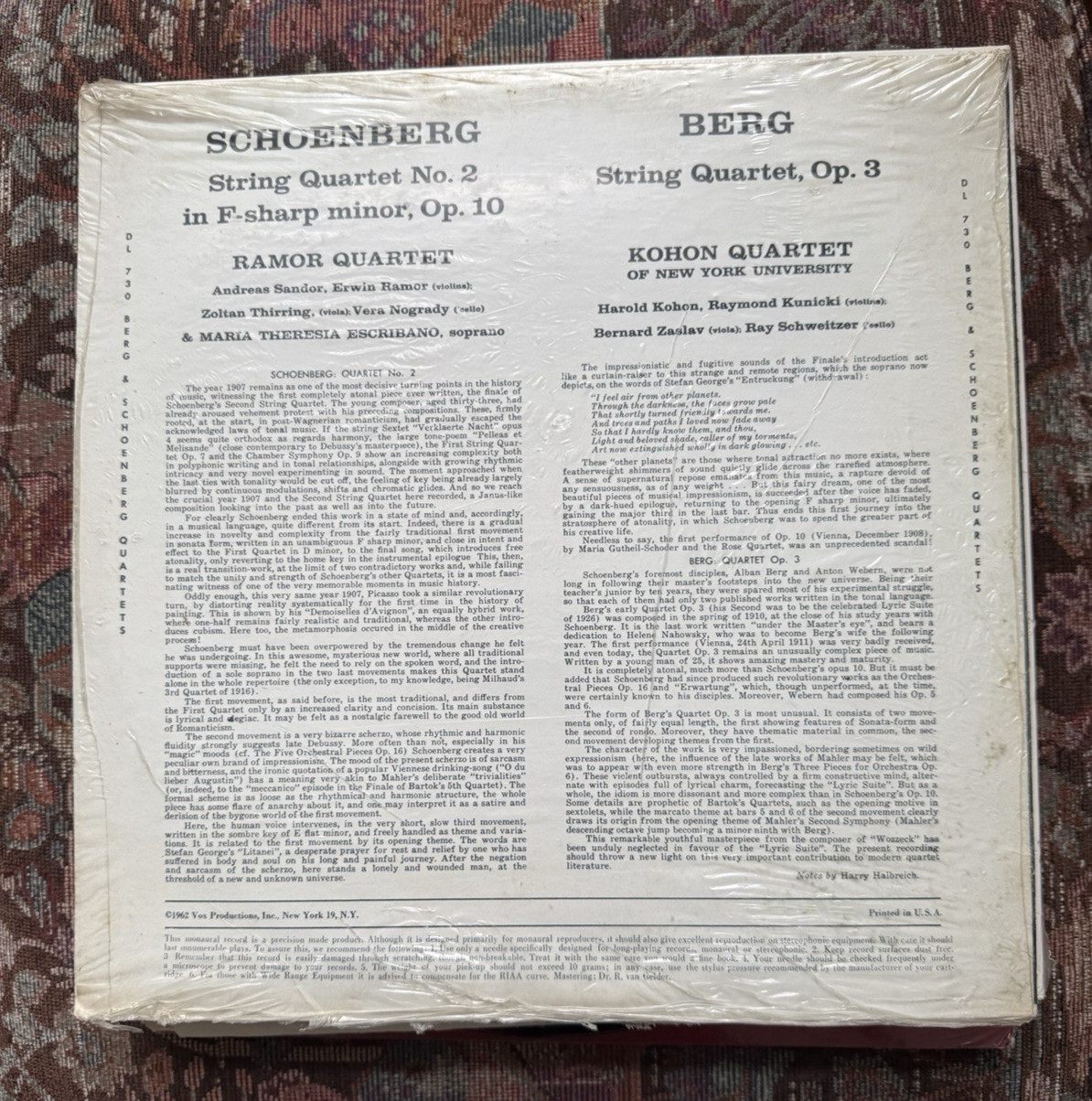 SEALED: Berg: Quartet Op. 3 KOHON QUARTET / Schoenberg Quartet No. 2 - VOX DL730 - Image 1