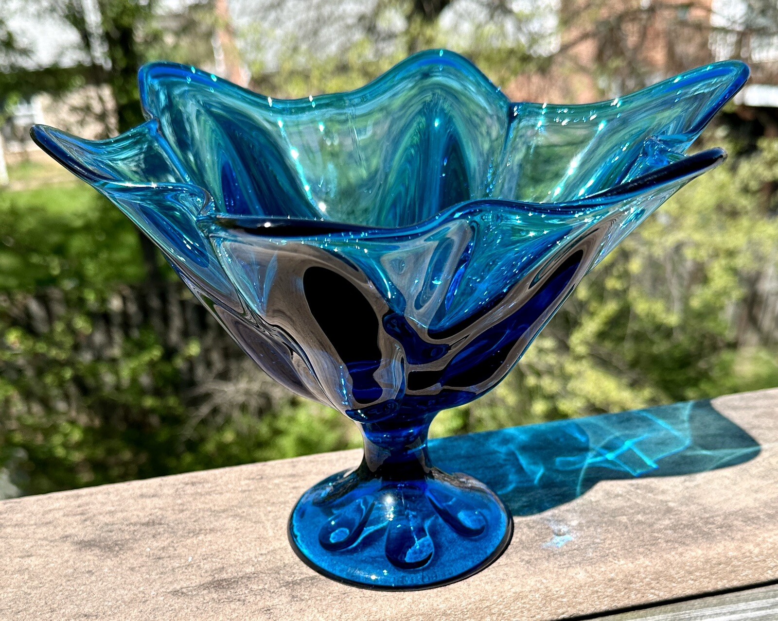 L.E. Smith Glass Peacock Blue Footed Compote / Fruit Bowl (#6101) - circa 1967 - Image 1