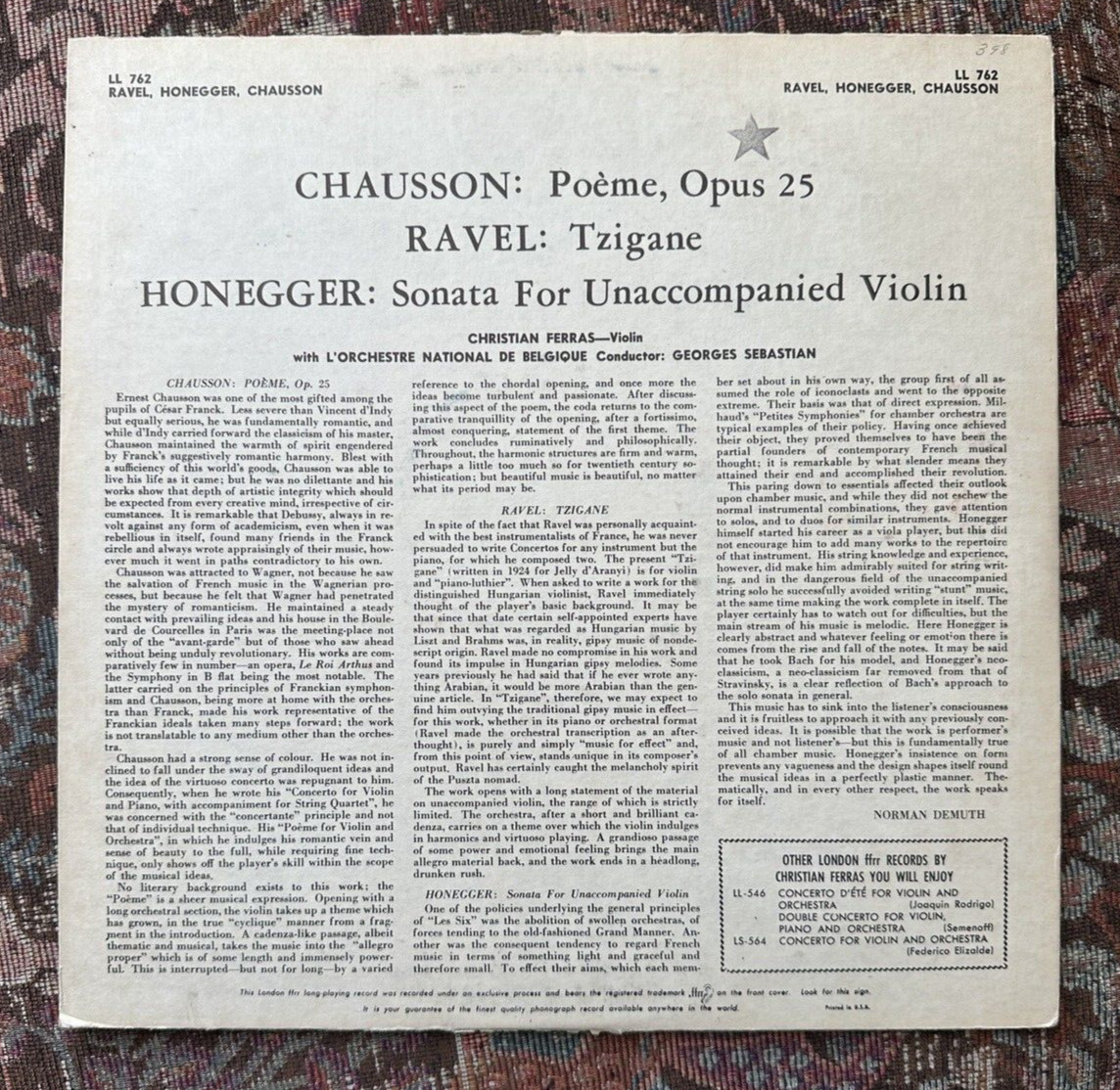 Ferras: Chausson Poème, Ravel Tzigane, Honneger Sonata - London LL-762, 1957 - Image 9
