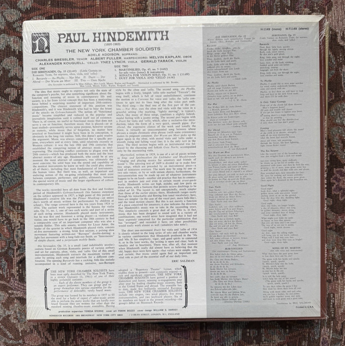 SEALED: Hindemith - Die Serenaden - Nonesuch H-71149 - Image 1