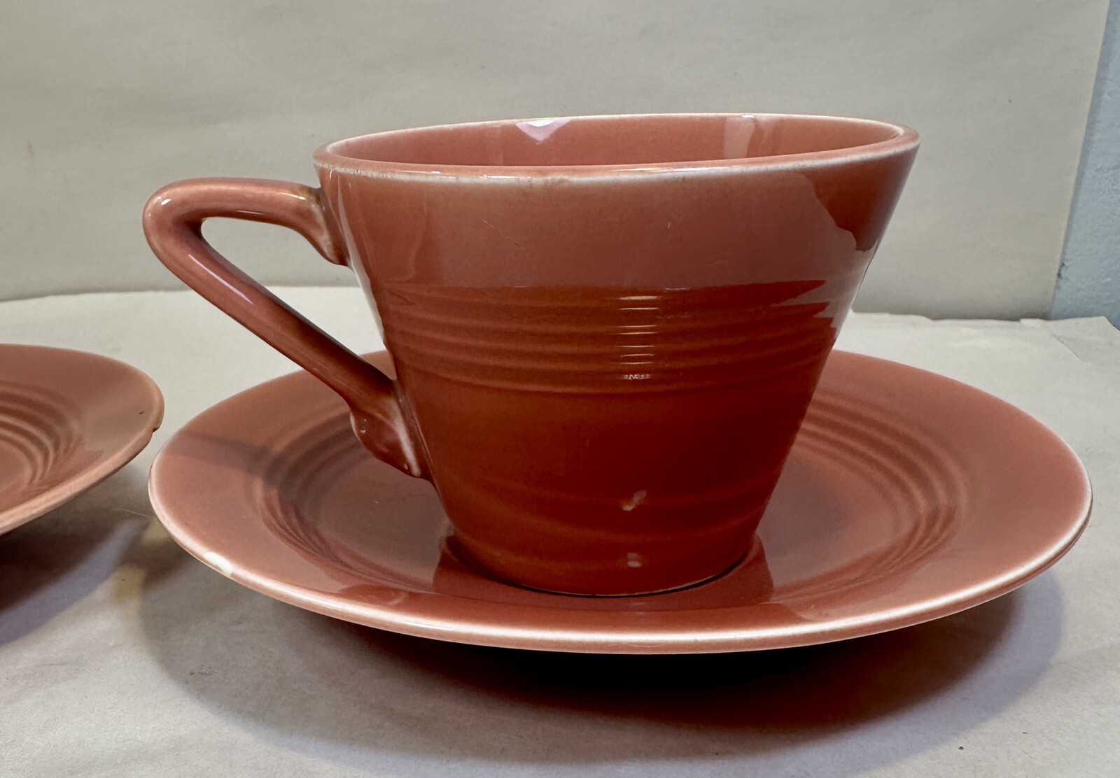Set of 2 Harlequin Cup & Saucers - Coral - Homer Laughlin Pottery Vintage Retro - Image 1