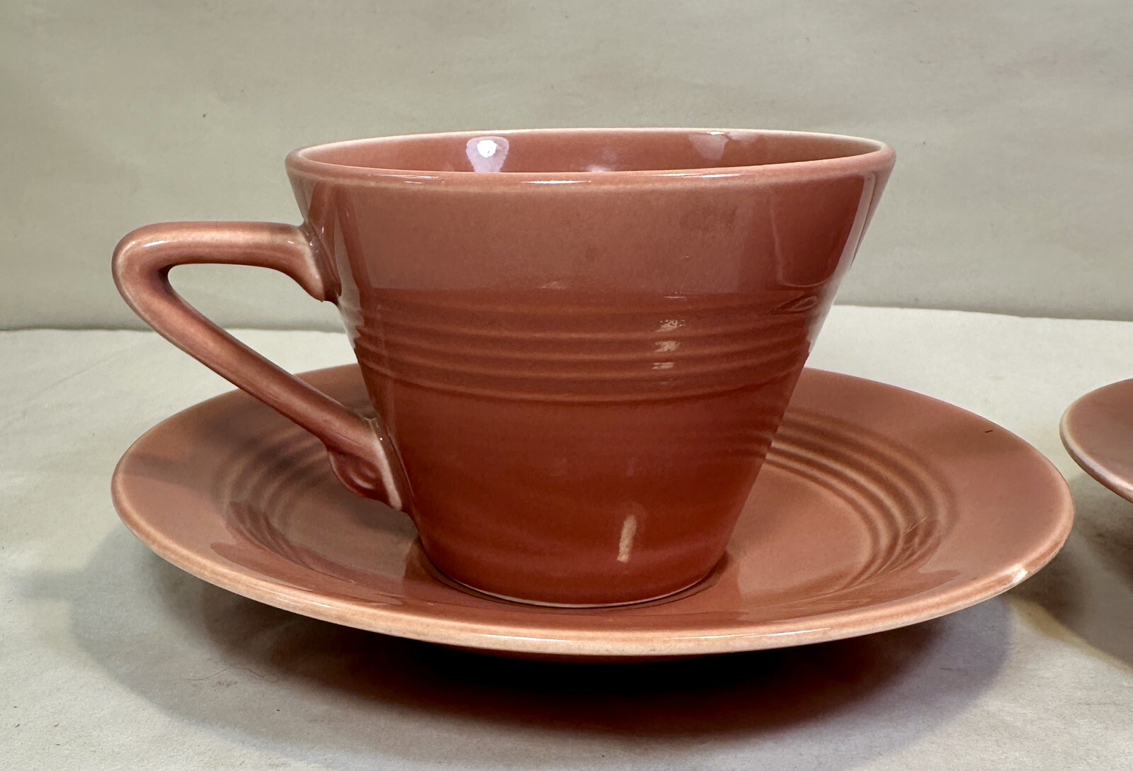 Set of 2 Harlequin Cup & Saucers - Coral - Homer Laughlin Pottery Vintage Retro - Image 2