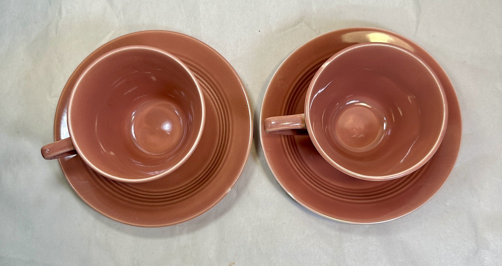 Set of 2 Harlequin Cup & Saucers - Coral - Homer Laughlin Pottery Vintage Retro - Image 3