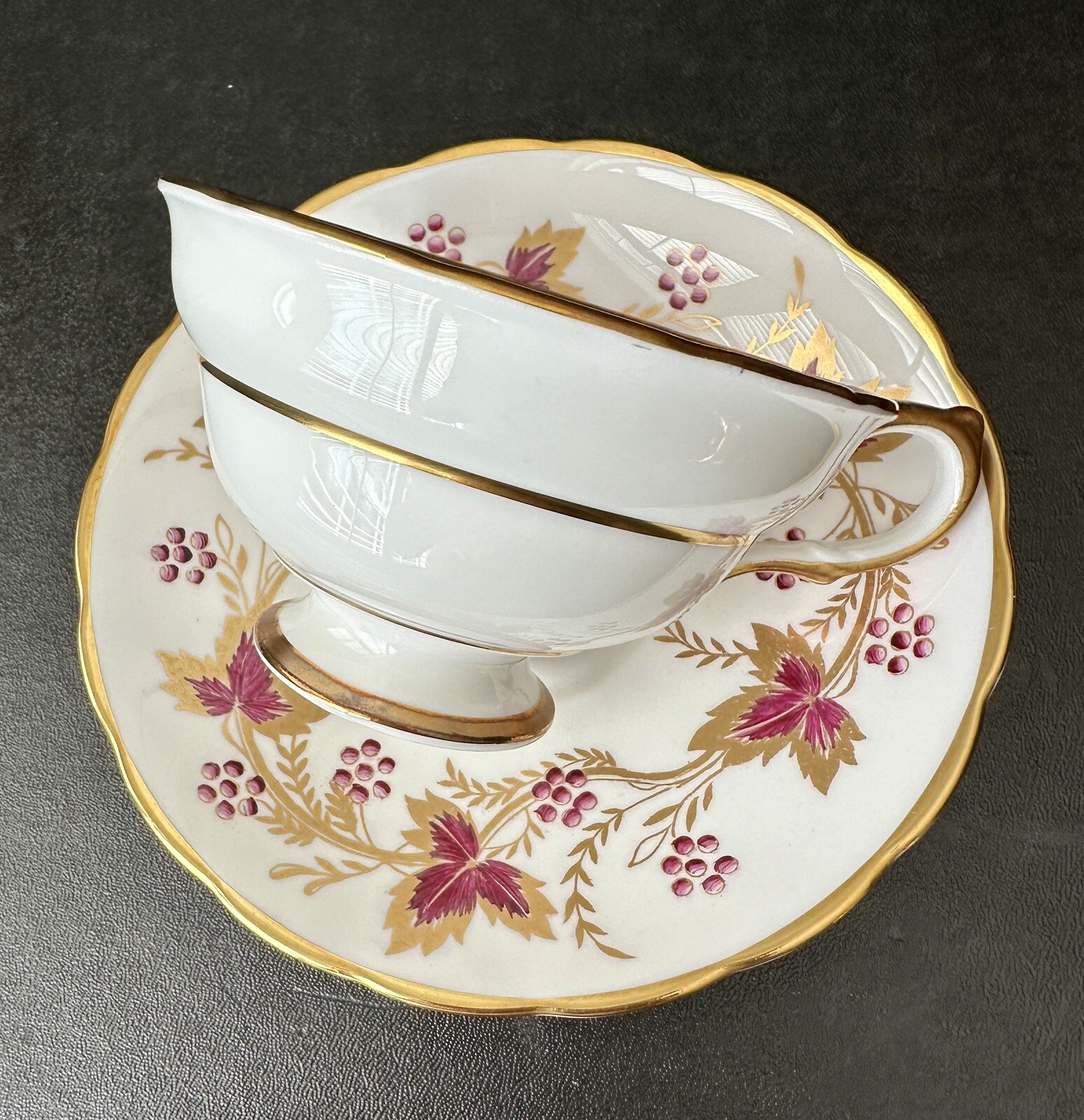 Grosvenor Teacup and Saucer - Gold Burgundy Leaves Berries - Pristine - Image 2